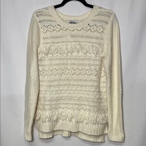 Kensie Cream Openwork Fringe Crewneck Sweater